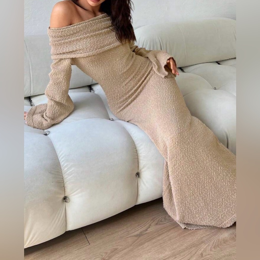 SHEIN Taupe Off-Shoulder Textured Maxi Dress